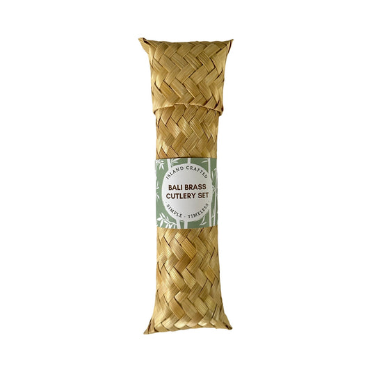 Bali brass cutlery set in woven bamboo sleeve packaging