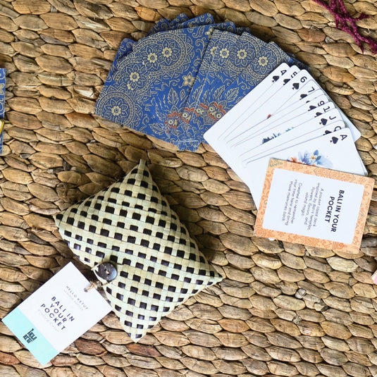 Bali in Your Pocket blue playing cards with woven travel pouch and Bali guide card