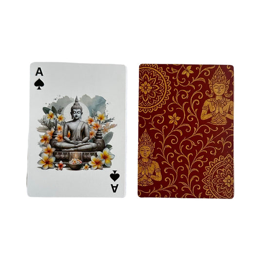 Bali themed playing cards with Buddha illustration and red batik back design