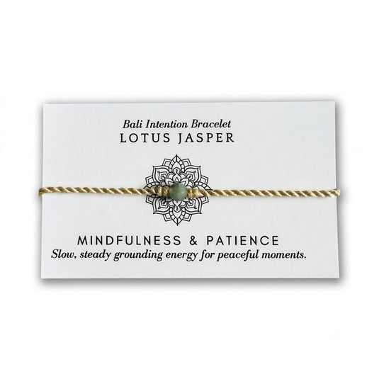 Lotus Jasper Bali Intention Bracelet displayed on its meaning card with mindfulness and patience message