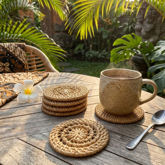 Handwoven rattan coasters in tropical Balinese table setting