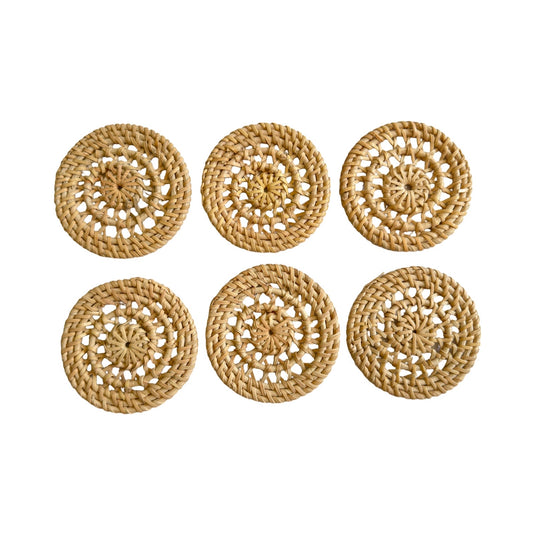 Set of six handwoven Bali rattan coasters with natural woven pattern