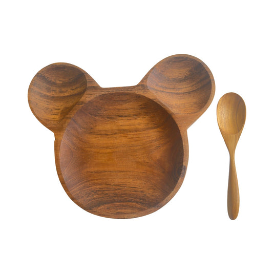 Teak wood bear-shaped children’s bowl with matching wooden spoon