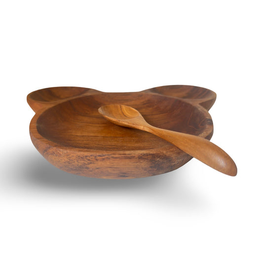 Hand-carved teak wood bear mealtime set with spoon side view