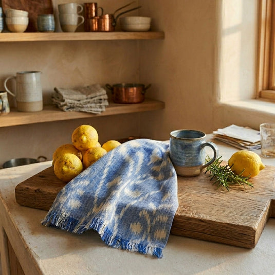 Handwoven Endek tea towel in soft indigo used in kitchen setting with wooden board and lemons