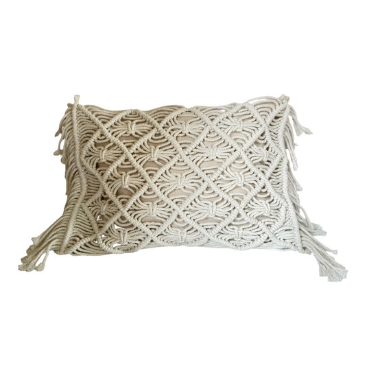 Macramé cushion cover with hand-knotted diamond pattern and corner tassels