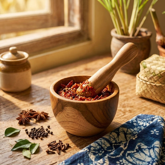 Handcrafted teak mortar and pestle with Balinese spices on rustic wooden table
