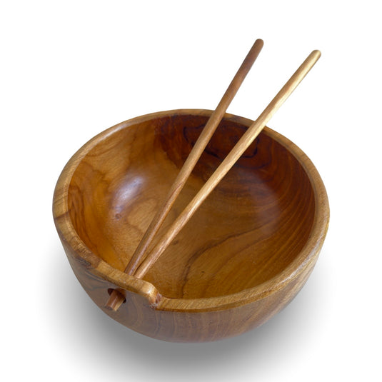 Handcrafted teak noodle bowl with wooden chopsticks