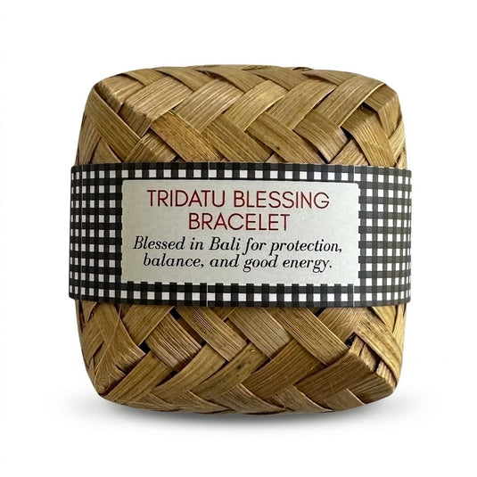 Tridatu Blessing Bracelet in handwoven Bali palm leaf gift holder