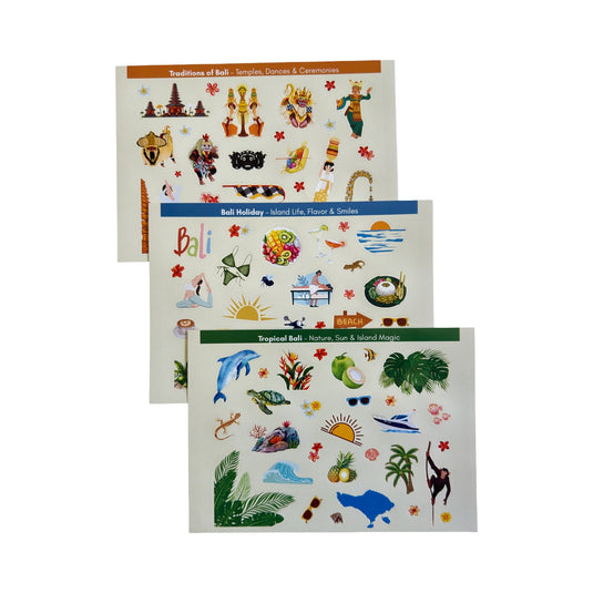 Bali sticker pack with illustrated temple, island and tropical themed sheets