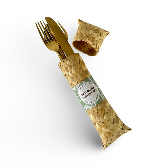 Bali brass cutlery set in woven bamboo gift packaging