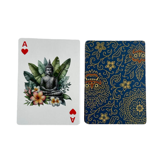 Bali themed playing cards with Buddha illustration and blue batik back design