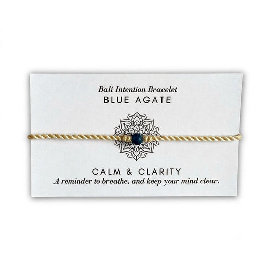 Blue Agate Bali Intention Bracelet displayed on its meaning card with calm and clarity message