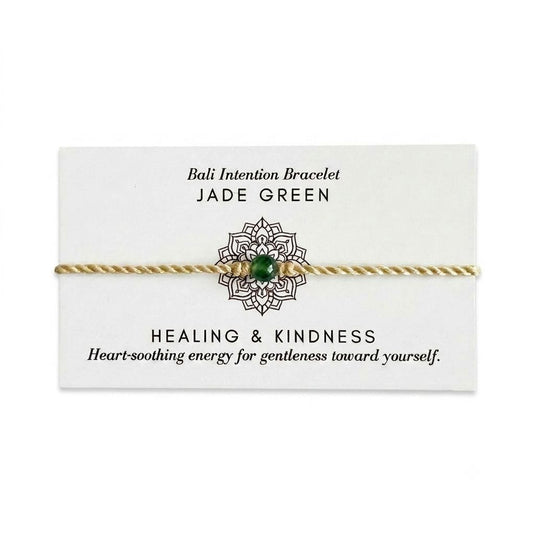 Jade Green Bali Intention Bracelet displayed on its meaning card with healing and kindness message