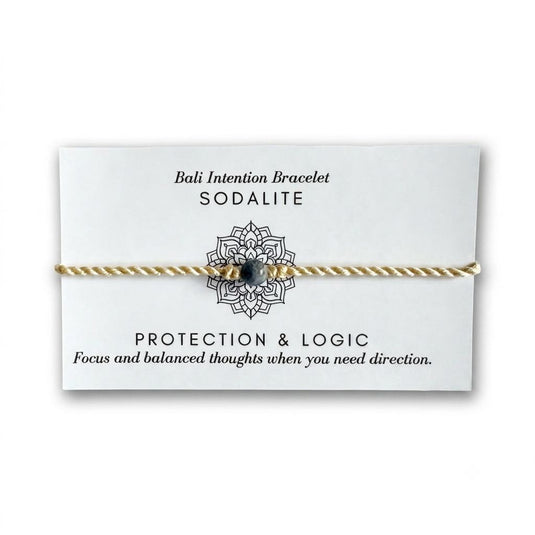 Sodalite Bali Intention Bracelet displayed on its meaning card with protection and logic message