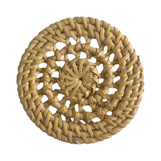 Close-up of handwoven Bali rattan coaster