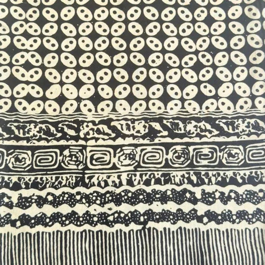 Black Lava batik everyday scarf with traditional geometric pattern and hand-tied fringe