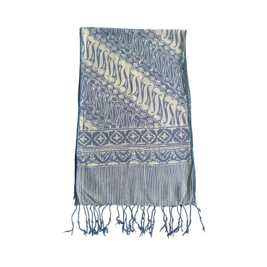 Washed Blue batik everyday scarf with traditional wave pattern and hand-tied fringe