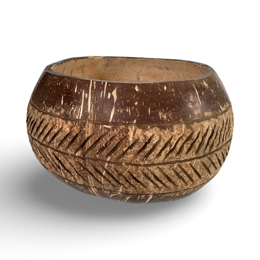 Hand-carved coconut shell bowl with island lines pattern
