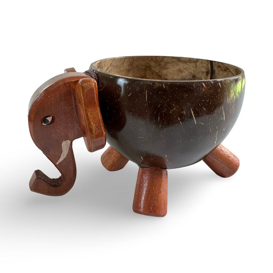 Elephant-shaped coconut shell keeper bowl with hand-carved wooden legs