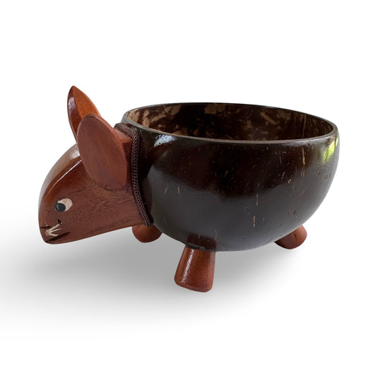 Rabbit-shaped coconut shell keeper bowl with handmade wooden legs