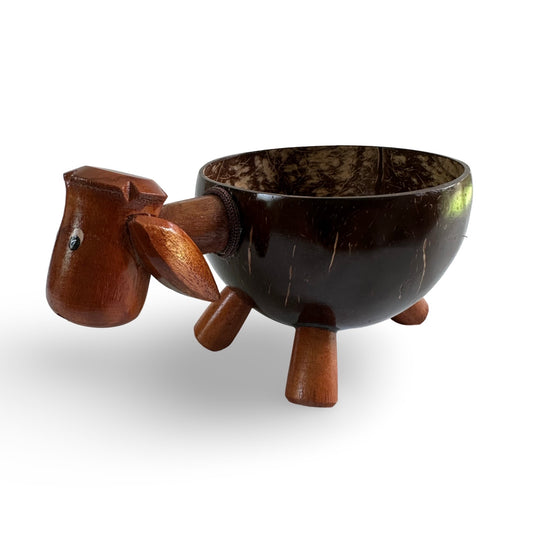Sheep-shaped coconut shell keeper bowl with carved wooden details