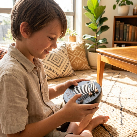 Child playing a coconut shell kalimba in a warm, relaxed home setting