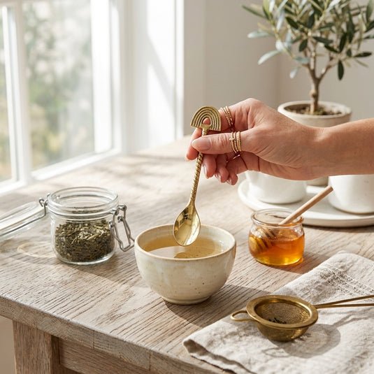 Golden ritual tea spoon with rainbow arch handle used to stir tea in a ceramic cup