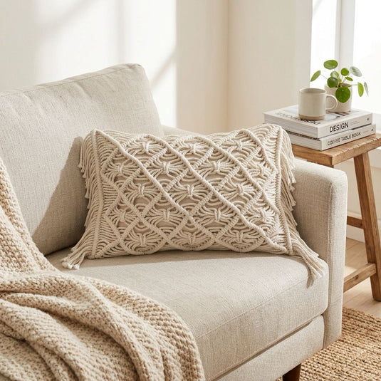 Handmade macramé cushion cover styled on a neutral armchair