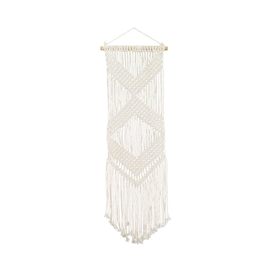 Handmade macramé wall hanging with geometric knotted pattern
