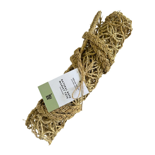 Folded natural rope market tote bag with Hello Ketut tag