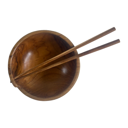 Top view of teak noodle bowl with wooden chopsticks